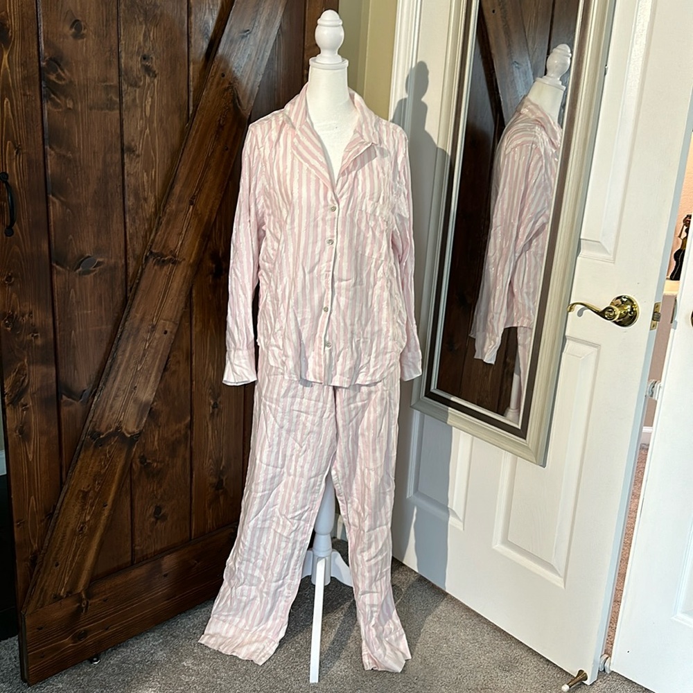 Victoria secrets pink stripped PJs long sleeves with tote.  Size Medium
